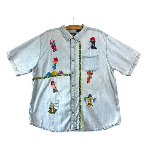 Vintage Route 66 Blue Denim Button Up Shirt Embroidered Novelty Print Unique XL - Picture 1 of 14